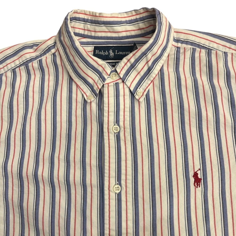 Ralph Lauren Button Down Shirt Mens XL White Blue Red Striped Classic Fit SS